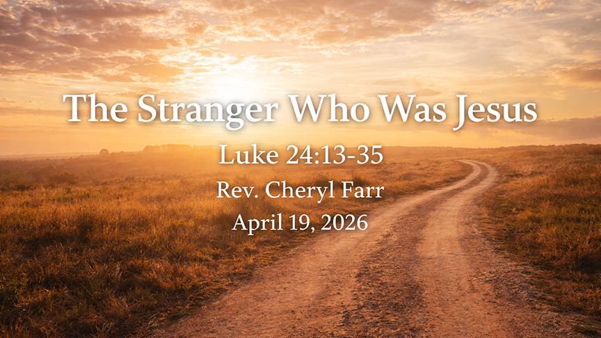 A wide sermon title slide showing an open tomb at sunrise with warm golden light pouring through the entrance and a large stone rolled aside. The sky is filled with soft pink and orange morning clouds above a rocky landscape. Overlaid text reads: “He is Not Here,” “Matthew 28:1-10,” “Rev Cheryl Farr,” and “April 5, 2026.”