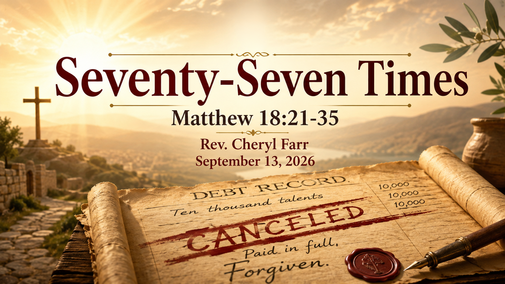 A wide 16:9 image showing two people in a quiet, honest conversation with a Communion table visible nearby, bread and cup softly illuminated. The scene suggests that Christ is present in difficult conversations and at His table, bringing grace, truth, forgiveness, and the possibility of reconciliation. The image includes the title When Two or Three Gather and the Scripture reference Matthew 18:15&ndash;20.